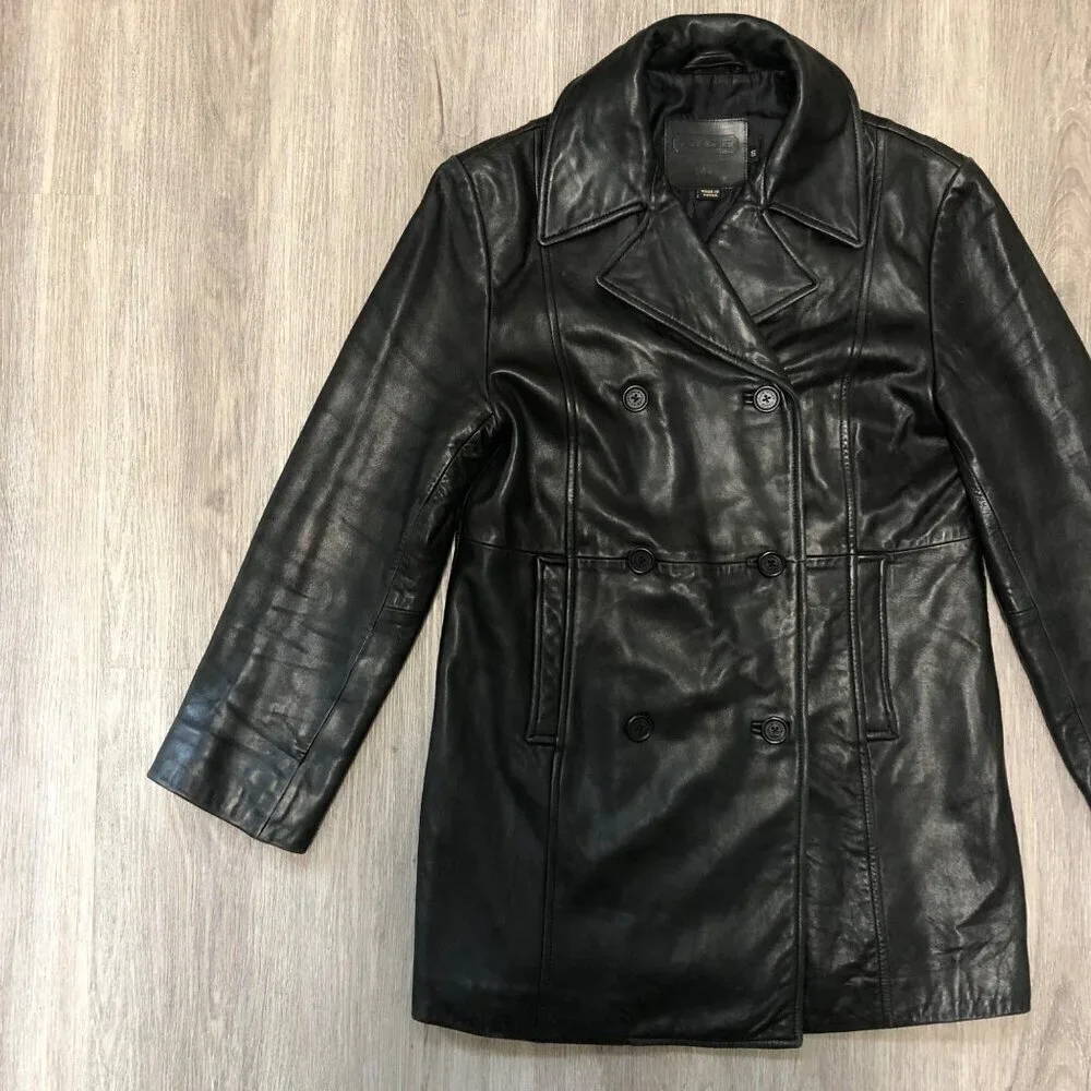 Vintage Coach Genuine Black Leather Jacket Women Size Small Double Breasted Coat